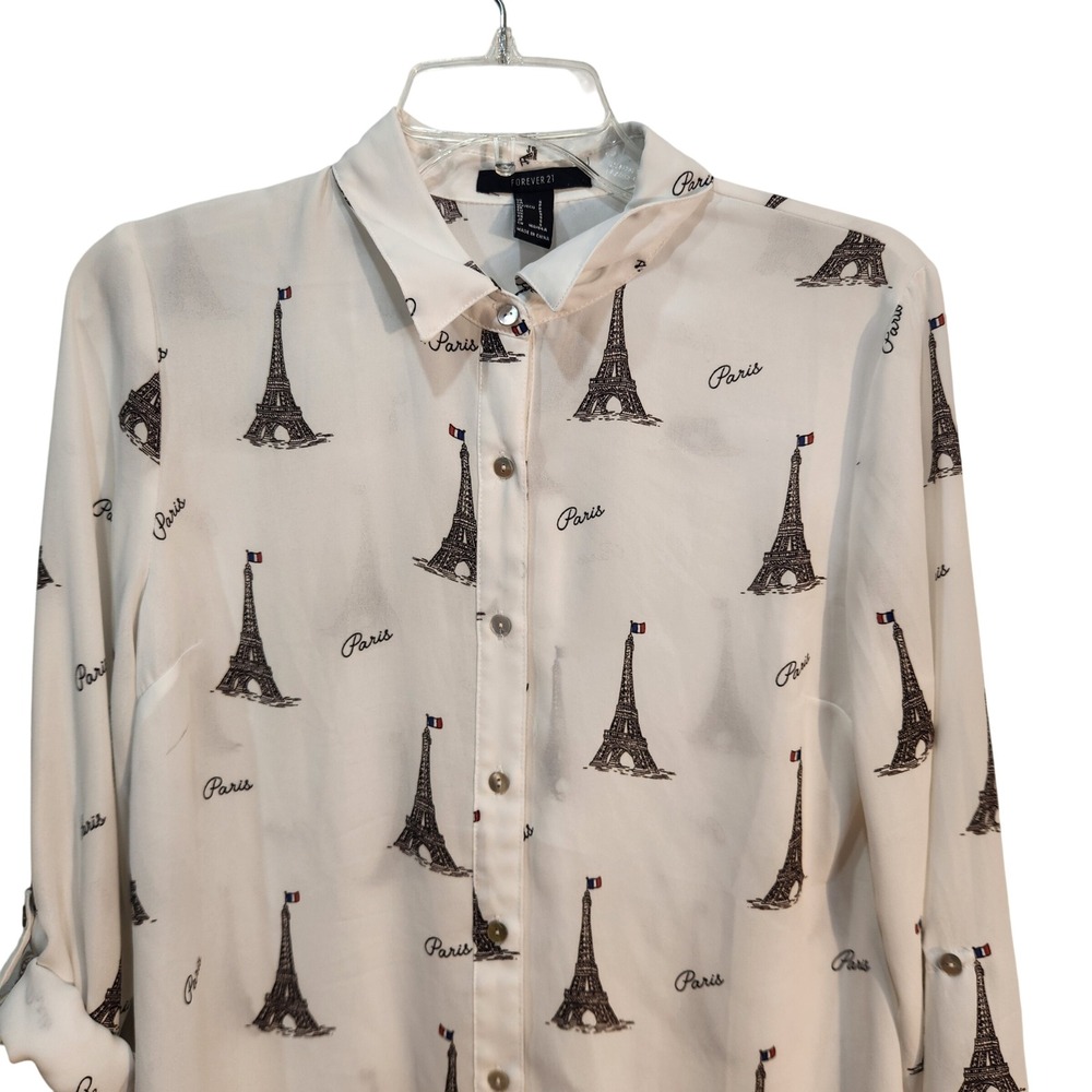 Forever 21‎ Eiffel Tower French Flag Paris Print Button Down Shirt Size S